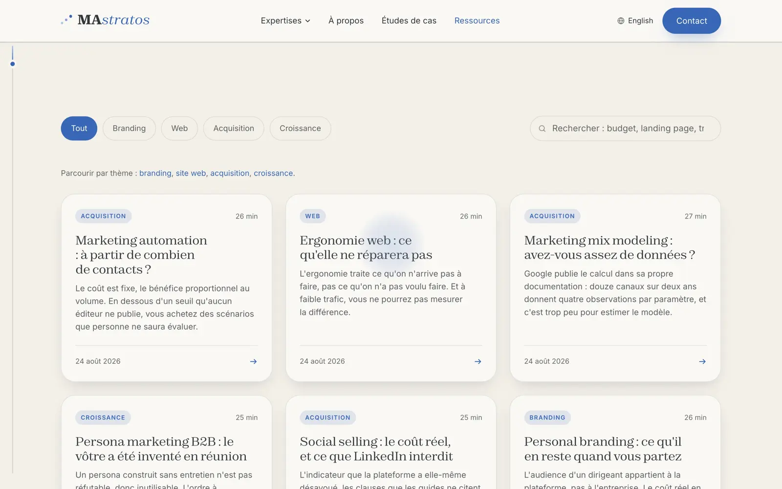 Index des ressources : filtres par pôle, moteur de recherche, et grille de cartes d'articles.