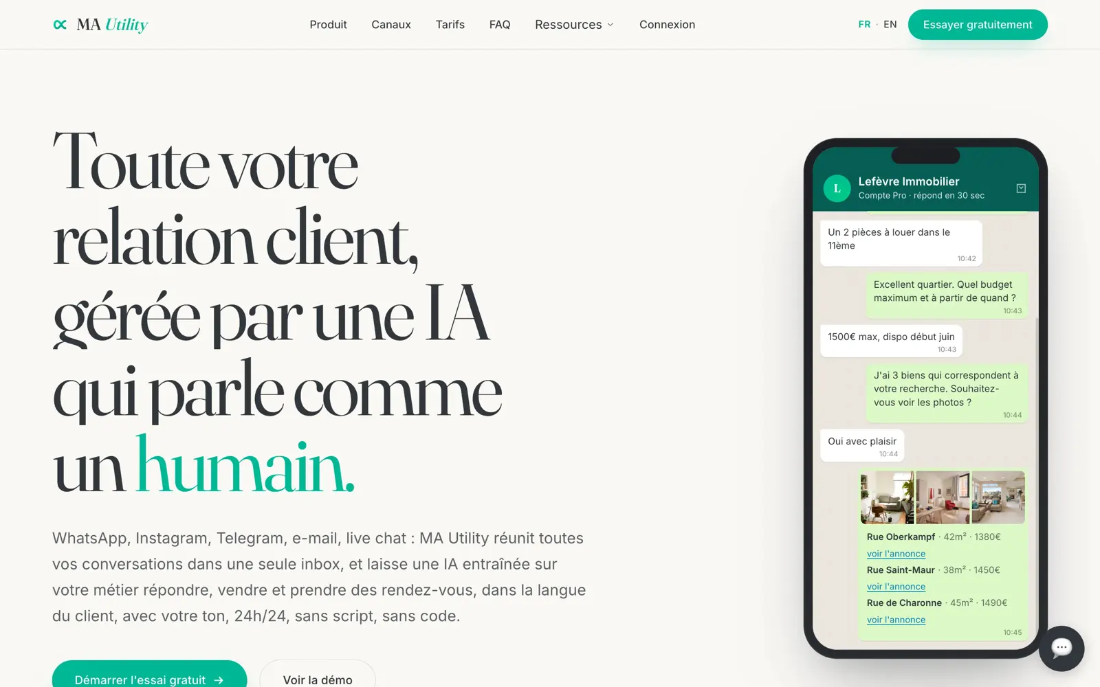 Page d'accueil de MA Utility : titre en serif sur fond crème, et démonstration du produit dans un téléphone à droite.